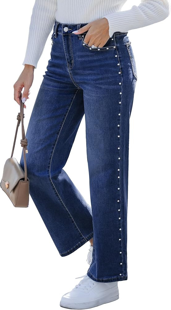 luvamia Women Jeans Wide Leg High Waisted Trendy Side Studded Embellished Distressed Stretchy Den... | Amazon (US)
