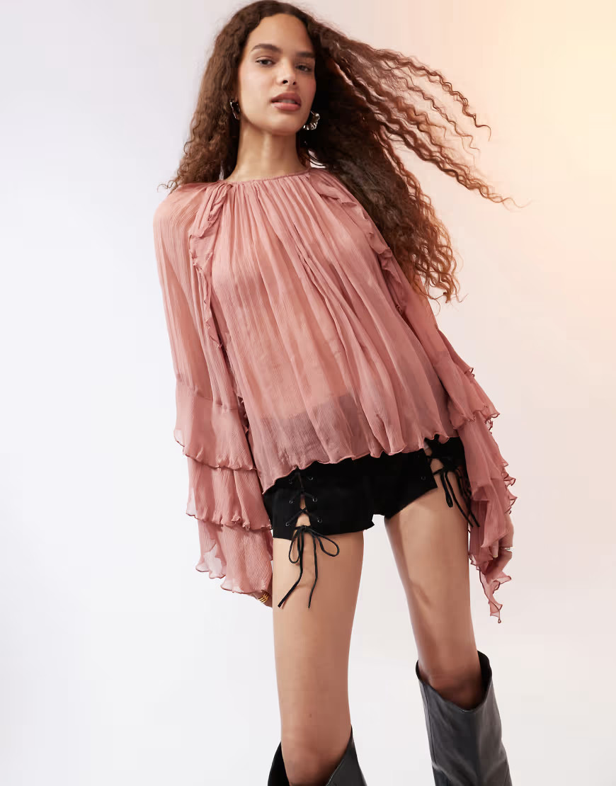 Mango ruffle and pleat front blouse in dusty pink | ASOS (Global)