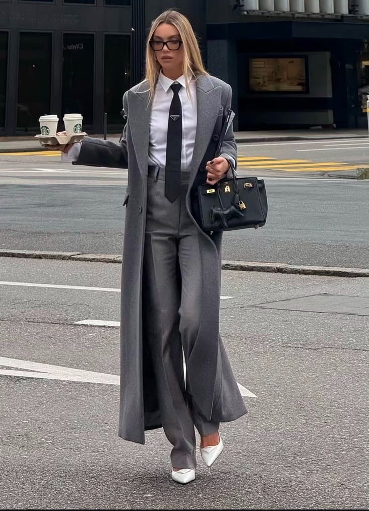 Grey long wool coat 
White button up shirt 
White pumps
Prada black tie 
Black top handle bag

#LTKPetite #LTKStyleTip #LTKWorkwear