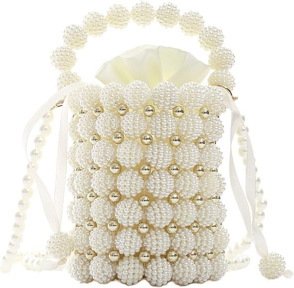 YIFEI Women Beaded Small Pearl Evening Bucket Handmade Bags with Detachable Chain for Wedding Par... | Amazon (US)