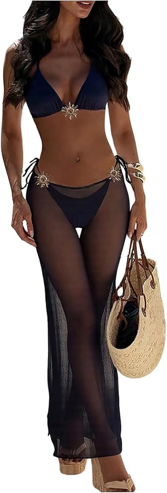 Milumia Women's 3 Piece Swimsuit Metal Halter String Triangle Bikini Set with Mesh Cover Up Skirt | Amazon (US)