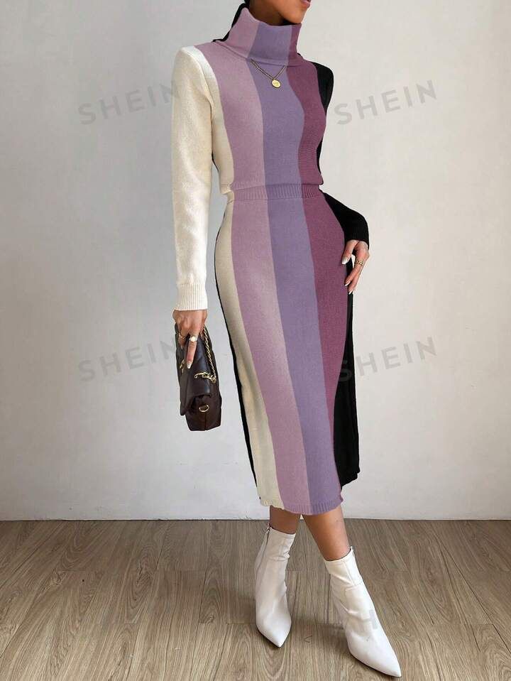 SHEIN Essnce Women's Color Block High Neck Sweater Dress | SHEIN