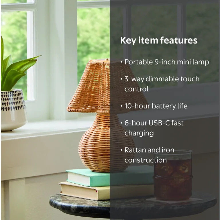 Better Homes & Gardens 9" Rattan Rechargeable Portable Lamp | Walmart (US)