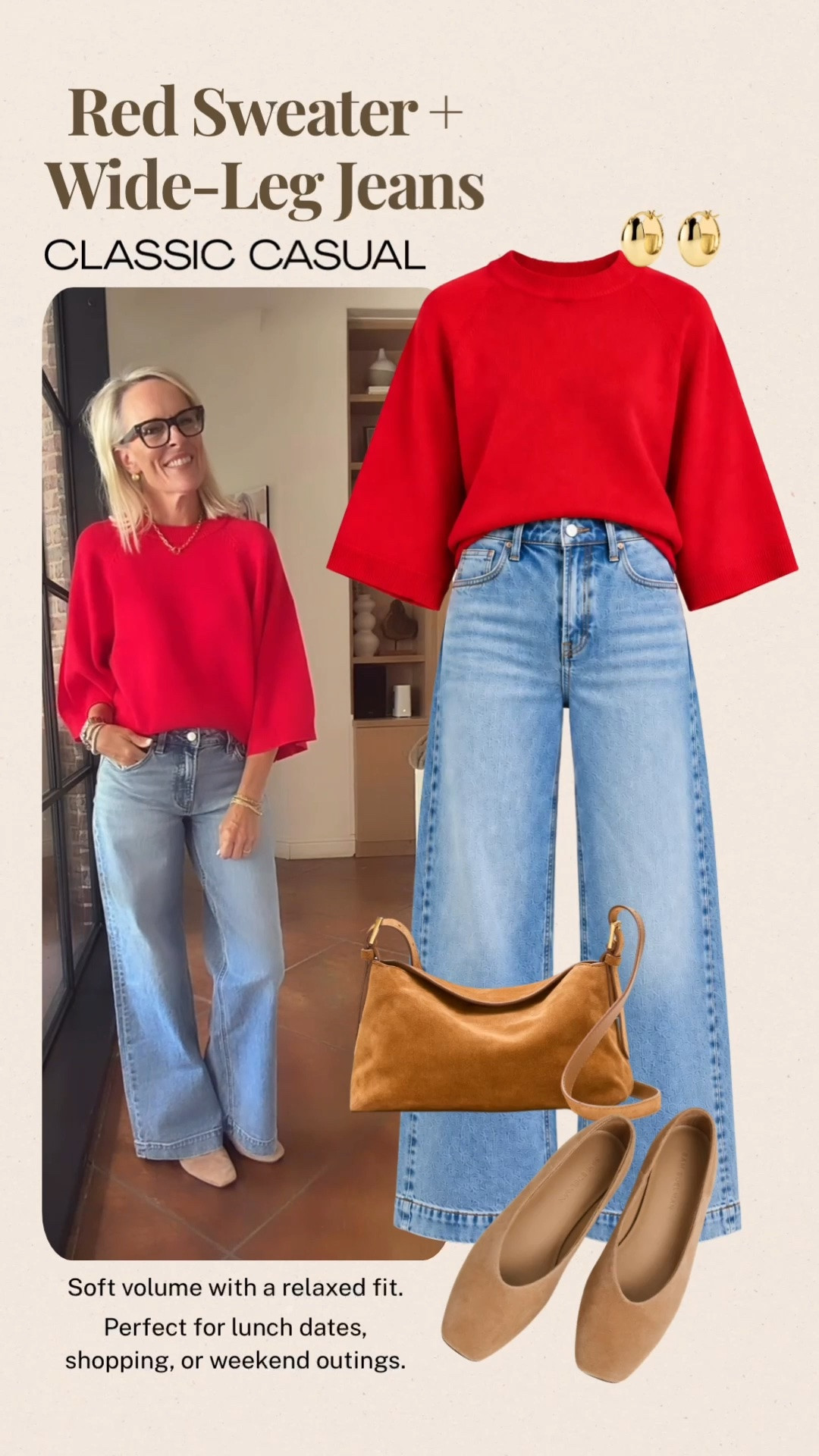 A classic red sweater and wide-leg jeans are such an easy combination for a polished casual look. I love how the relaxed shape of the sweater balances the denim, while neutral flats and a warm brown bag keep everything timeless. Perfect for lunch dates, shopping, or a casual weekend.

#LTKootd #LTKOver40