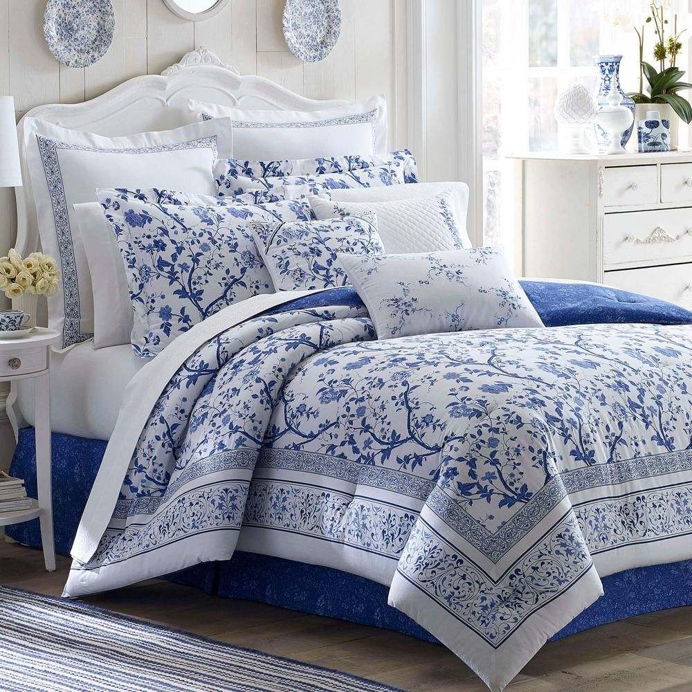 Laura Ashley Charlotte 4-Piece Blue Floral Cotton Twin Comforter Set | The Home Depot
