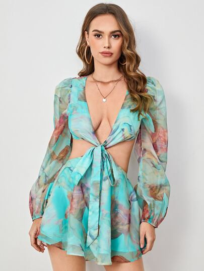 SHEIN Lantern Sleeve Knot Cutout Waist Chiffon Romper | SHEIN