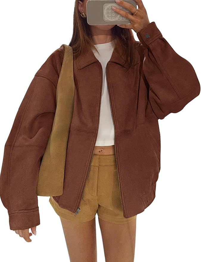 PHISOCKAT Faux Suede Jacket Women Oversized Casual Bomber Jackets Fashion Coat Streetwear Outerwe... | Amazon (US)