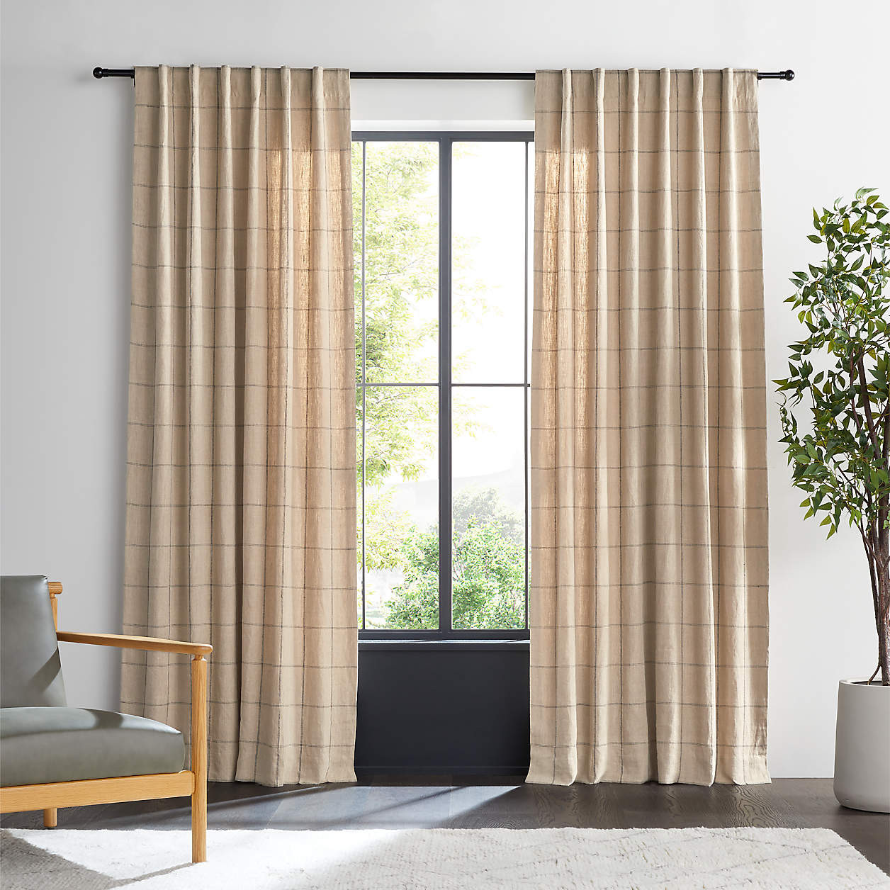 Warm Beige & Storm Grey Linen Double Pinstripe Grid Window Curtain Panel 52"x84" + Reviews | Crat... | Crate & Barrel
