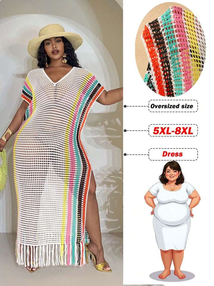 SHEIN CURVE+ Plus Size Sheer Contrast V Neck Short Sleeve Loose Maxi Sweater Dress,Curve Plus ,Ho... | SHEIN