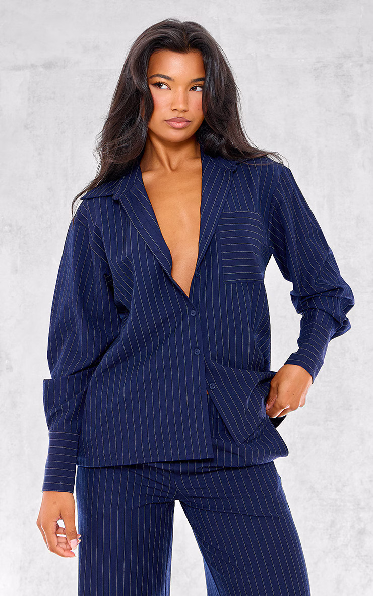 Navy Woven Pinstripe Oversized Shirt | PrettyLittleThing UK