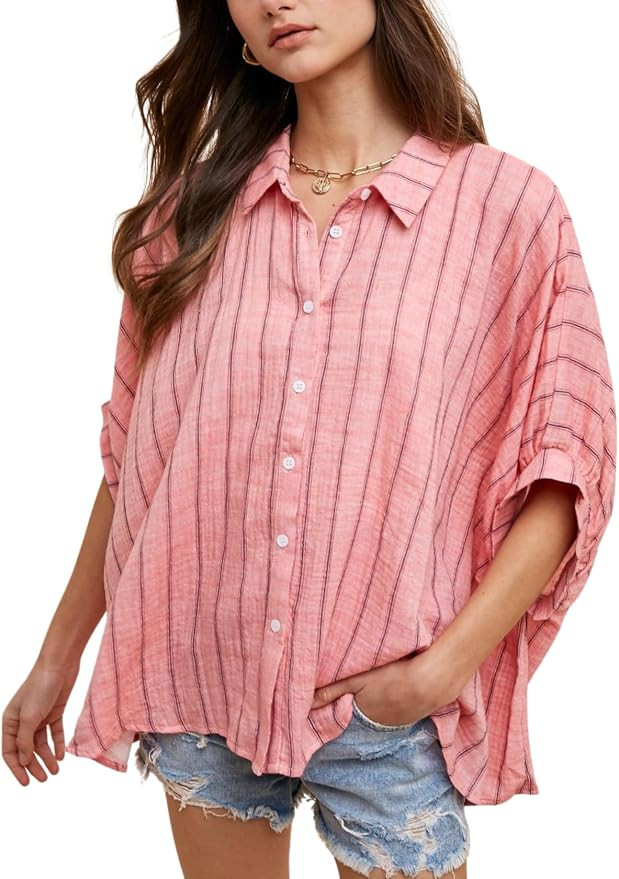 Womens Oversized Striped Button Down Shirts Woven Drop Shoulder Blouse Loose Half Sleeves Blouses | Amazon (US)
