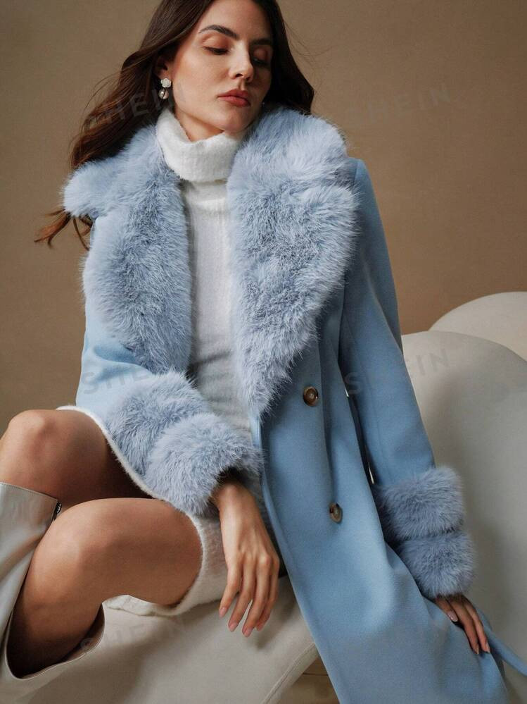 SHEIN X Lucía Bellido Anewsta Faux Fur Collar Thick Warm Long Belted Women Wool Coat Jacket | SHEIN