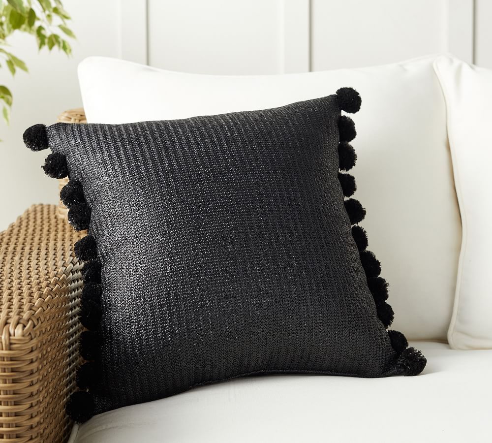 Faux Natural Fiber Pom Pom Indoor/Outdoor Pillow | Pottery Barn (US)