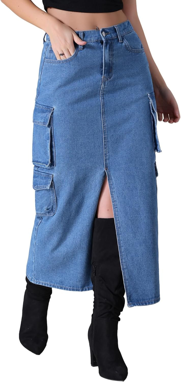 Women's Cargo Long Denim Skirt with Slit | Amazon (US)