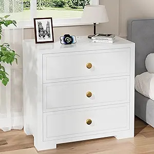 Nightstand with Drawers 3 Drawer Night Stand with Charging Station Farmhouse Style Large Bed Side... | Amazon (US)