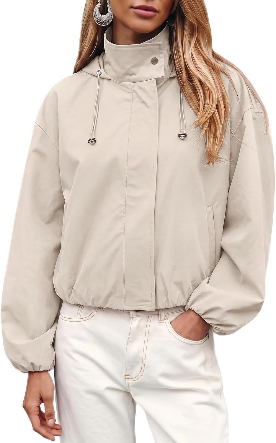 luvamia Women's Funnel Neck Jacket Casual Crop Zip Up Hooded Bomber Jackets | Amazon (US)