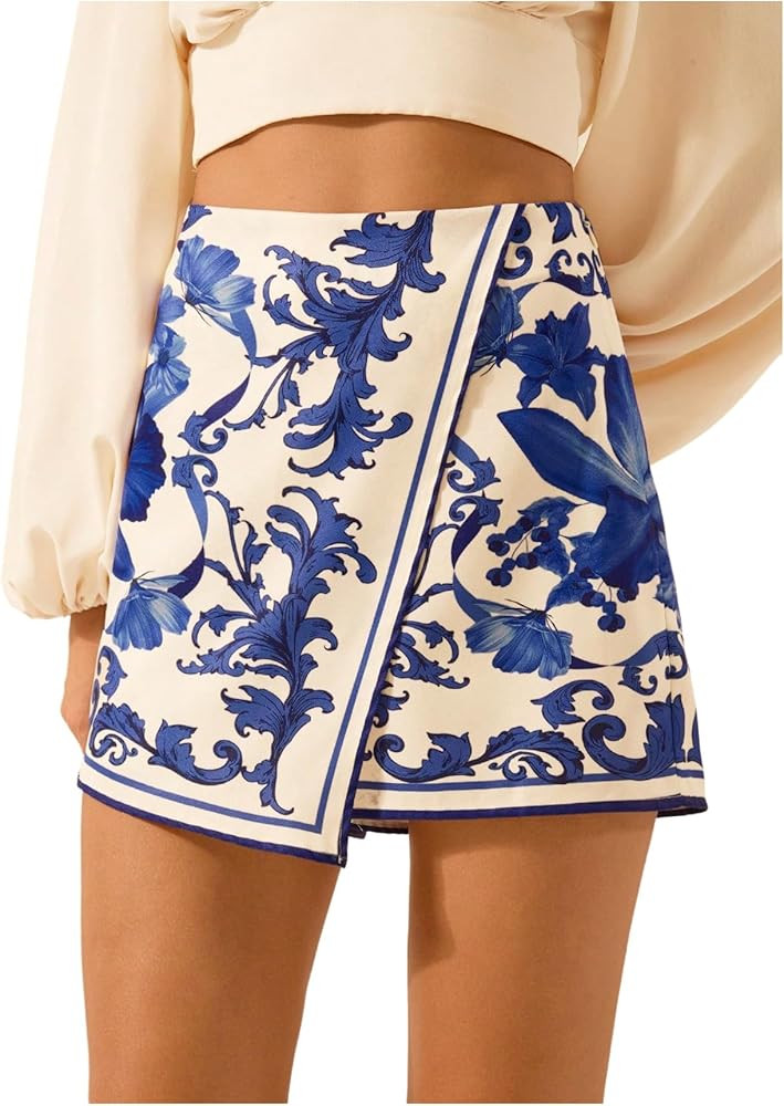 MakeMeChic Women's Floral Wrap Skirt Vacation High Waist Wide Leg Boho Shorts Skorts | Amazon (US)