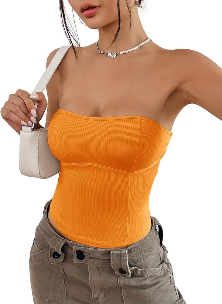 WDIRARA Women's Rib-Knit Tube Top Strapless Sleeveless Slim Casual Cup Detail Top | Amazon (US)