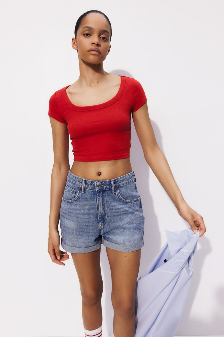 Ribbed Crop T-shirt - Low-cut Neckline - Short sleeve - Red - Ladies | H&M US | H&M (US + CA)