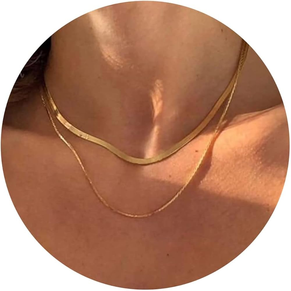 Tewiky Herringbone Necklace for Women Dainty 14k Gold Snake Chain Necklace Layered Gold Herringbone  | Amazon (US)