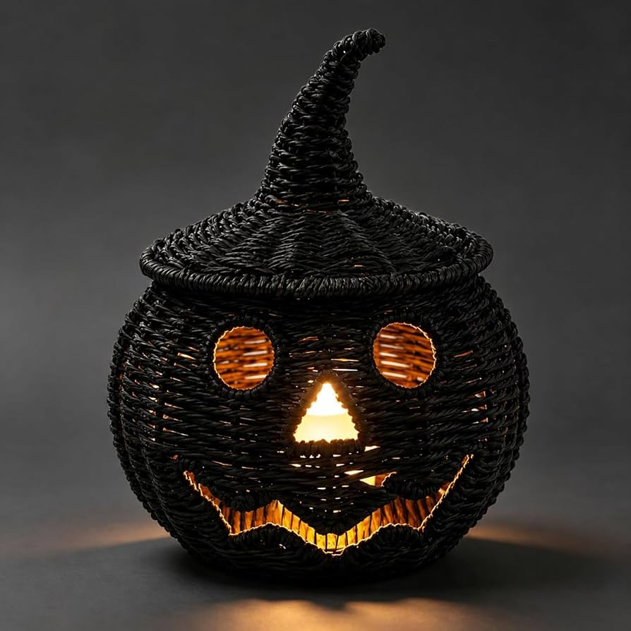 Black Handwoven Seagrass Pumpkin Jack-O-Lantern for Spooky Halloween Candy Storage, Rattan Pumpki... | Amazon (US)