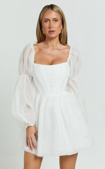 Ingrid Mini Dress - Long Puff Sleeve Pearl Detail Dress in White | Showpo (US, UK & Europe)