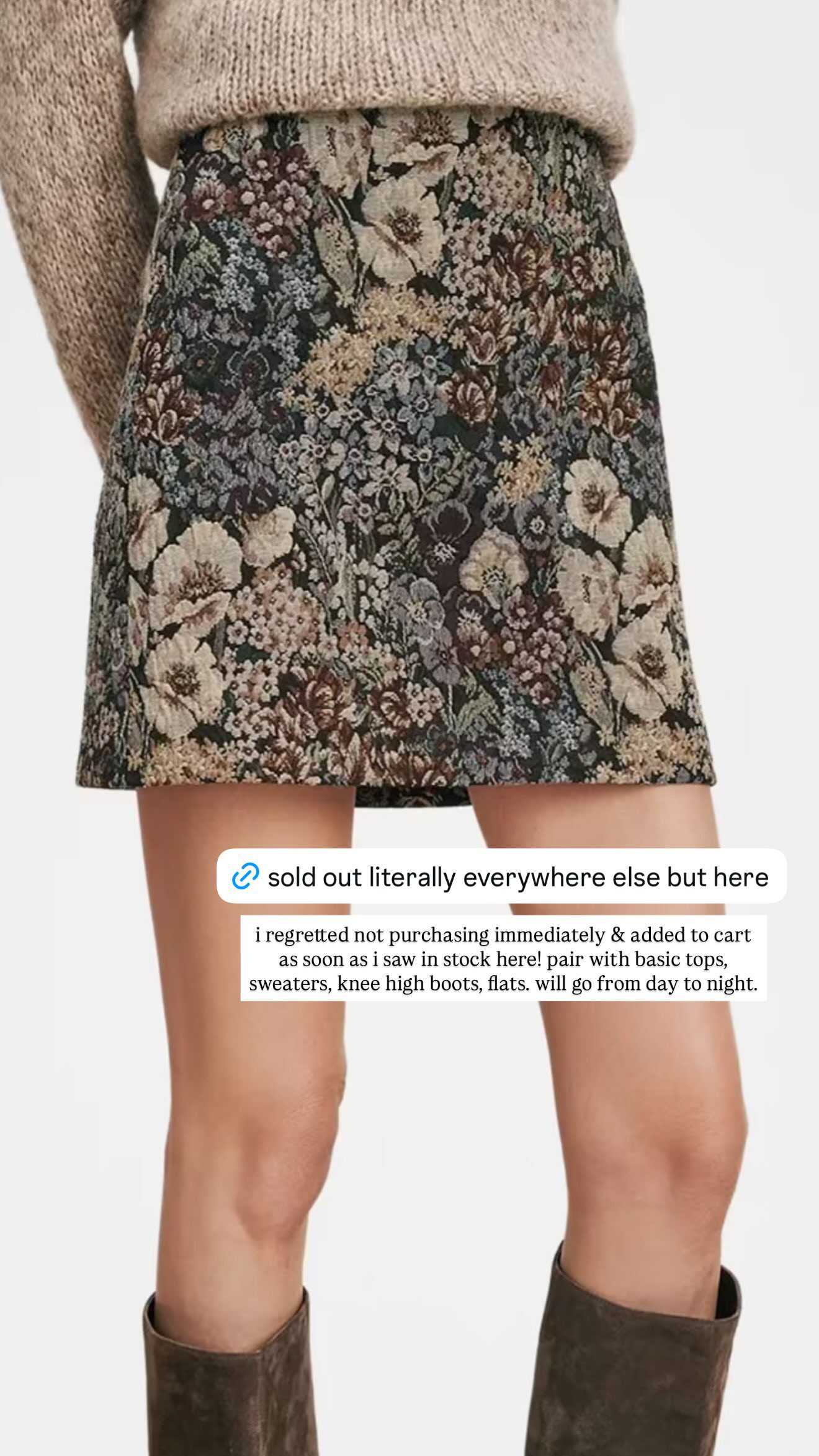 i regretted not grabbing this the first time and added it to cart the second i found it back in stock. the floral jacquard is SO good for fall, and i love that you can make it feel casual with a simple knit + flats or dress it up with knee-high boots for dinner. one of those pieces that does day to night really well.  

 #LTKSeasonal