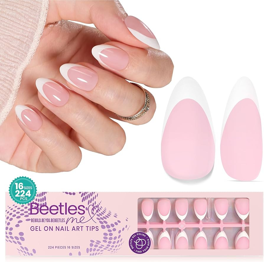 Beetles French Tip Press On Nails, 16 Sizes 224 Pcs Pink Short Almond Press On Nails 4 In 1 Gel N... | Amazon (US)