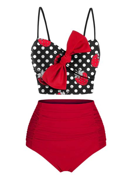 Red & Black 1950s Strawberry Dots Bowknot Swimsuit | Retro Stage