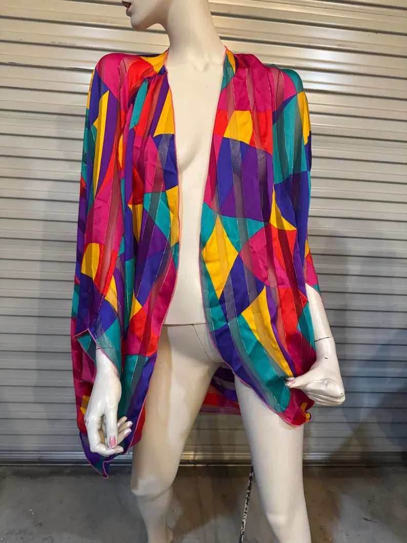 KIMONO SHRUG COVERUP Oscar De La Renta Swimwear Top Stain Glass 80s Rainbow Unisex Cruise Vintage... | Etsy (Global)