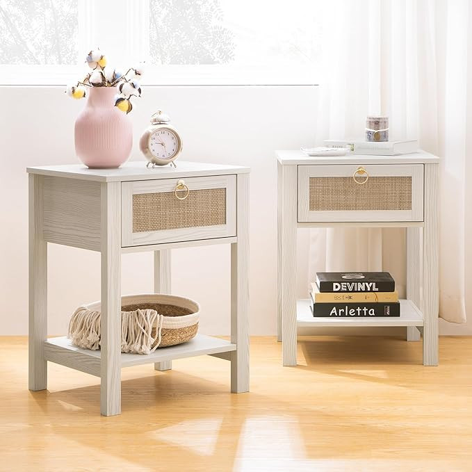 SICOTAS White Nightstand Set of 2,Rattan Decor Drawer with Brass Knobs Night Stand Bedside Table ... | Amazon (US)
