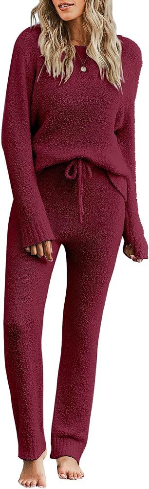 luvamia Women's Casual Pajama Set Fuzzy Fleece Knitted Long Sleeve Pj Loungewear | Amazon (US)