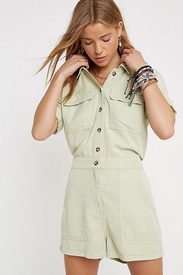 UO Victoria Utility Romper - Green Xs at Urban Outfitters | Urban Outfitters (US and RoW)