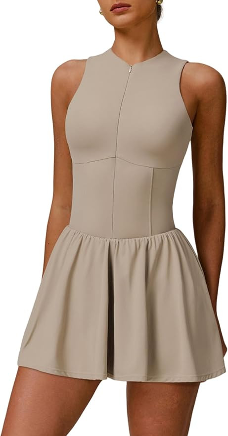 Womens Tennis Golf Dress with Built-in Bra Shorts Zipper Slim Fit A-line Hem Skirt Athletic Dress... | Amazon (US)