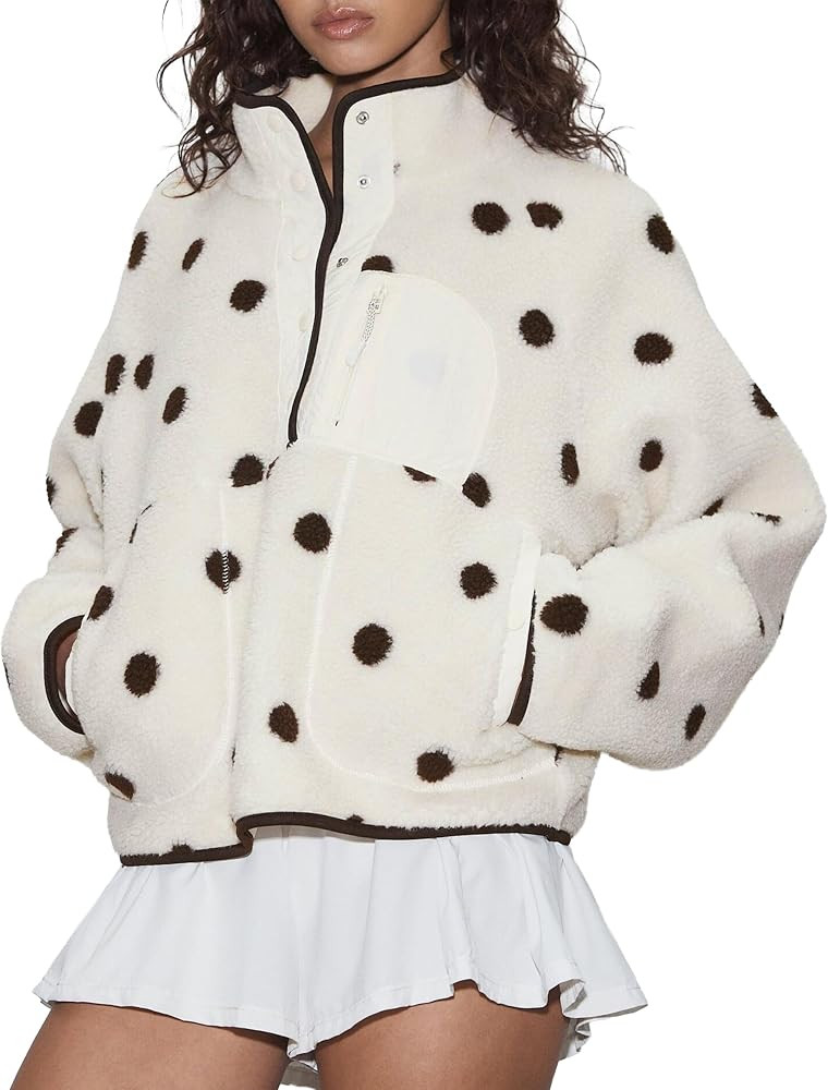 Womens Polka Dot Sherpa Fleece Pullover Jacket Fuzzy Sweatshirts | Amazon (US)