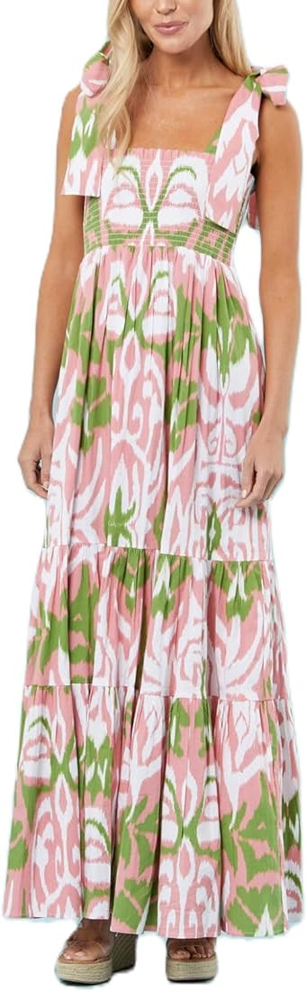 Women Boho Tie Shoulder Dress Y2k Floral Smocked Long Flowy Dresses Cute Summer Beach Spaghetti S... | Amazon (US)