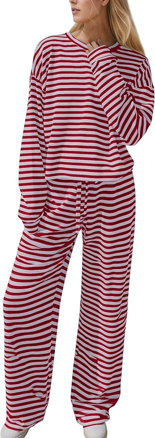 Ythomm Striped Pajamas Womens 2 Piece Sets Long Sleeve Tee Shirts Drawstring Wide Leg Pants Match... | Amazon (US)