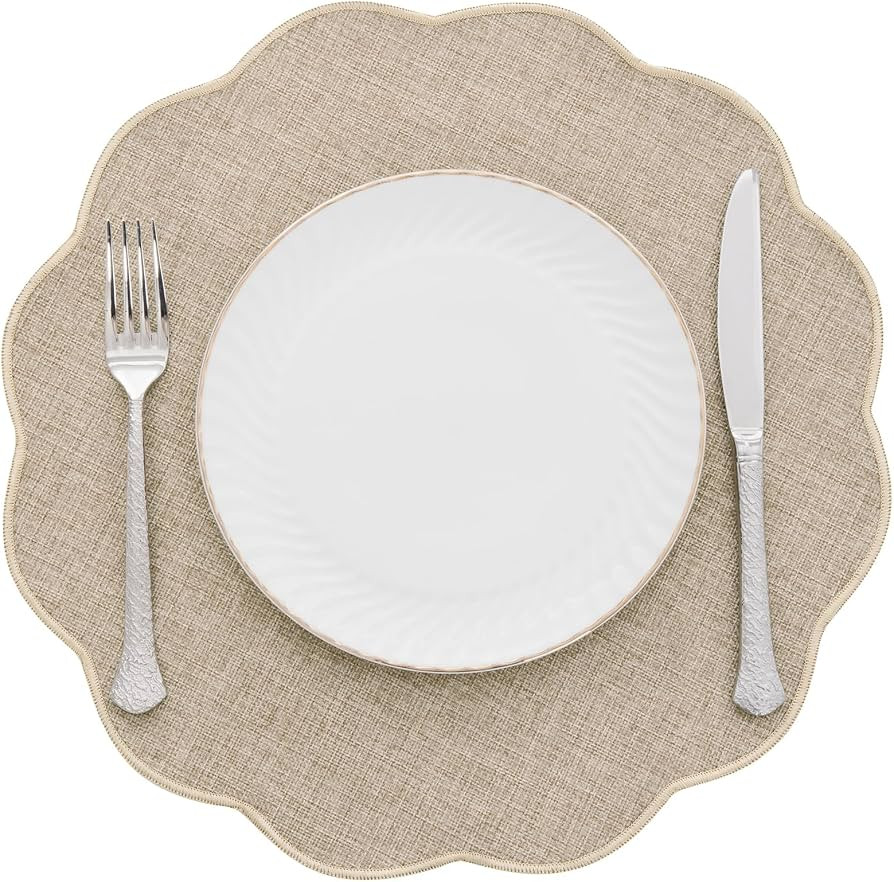 SHACOS Scalloped Round Placemats Set of 6 Polyester Linen Blend 15 inch Washable Non Slip Place M... | Amazon (US)
