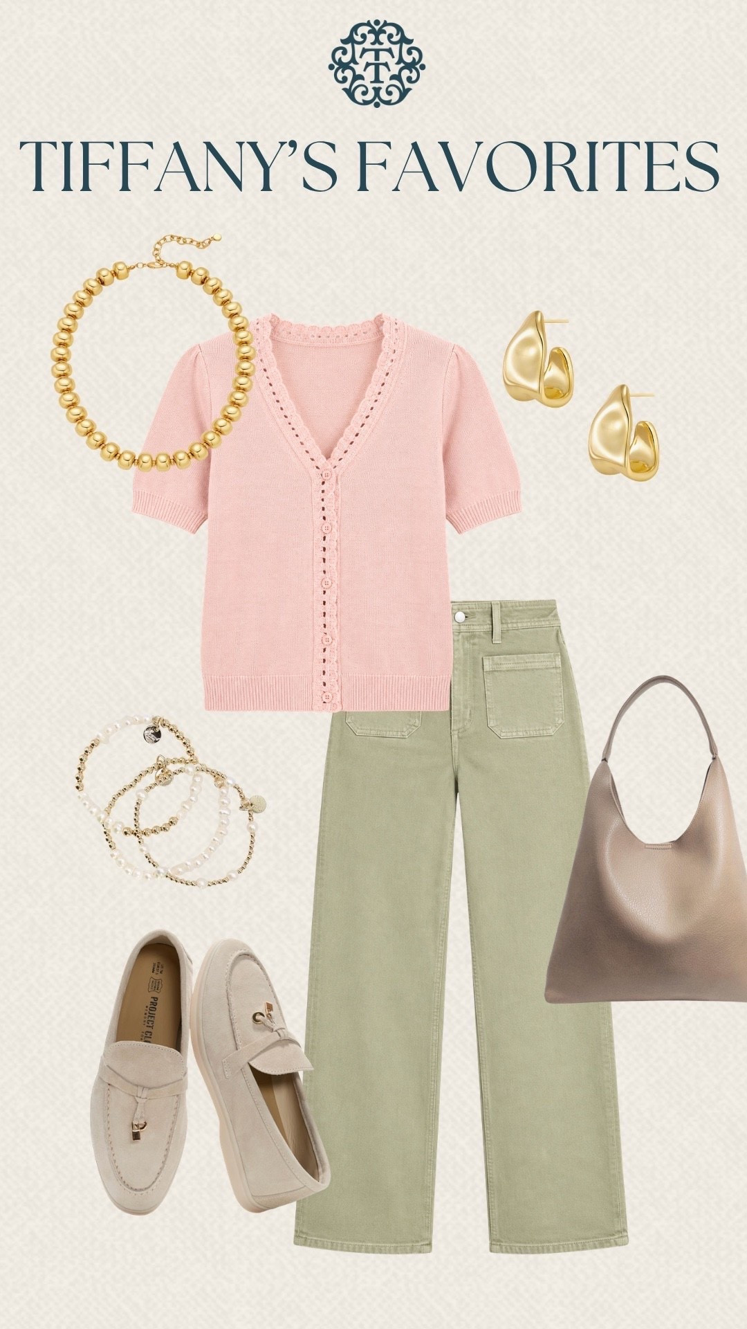 We’re loving this pretty pink and sage combination from Tiffany’s Favorites. The cardigan and pants are both from Target, paired with neutral loafers, a taupe bag, and gold jewelry. This would be such a cute choice for brunch, lunch with friends, or a casual fall day.