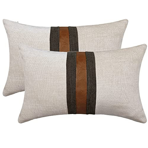 BOYSUM Set of 2 Leather Throw Pillow Covers Outdoor Decor Beige Patchwork Linen Brown Faux Leather Pillows Cover for Couch Sofa, Beige 12x20 Inch | Amazon (US)