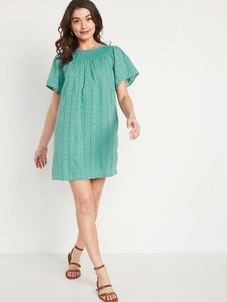 Flutter-Sleeve Smocked Embroidered Mini Shift Dress for Women | Old Navy (US)