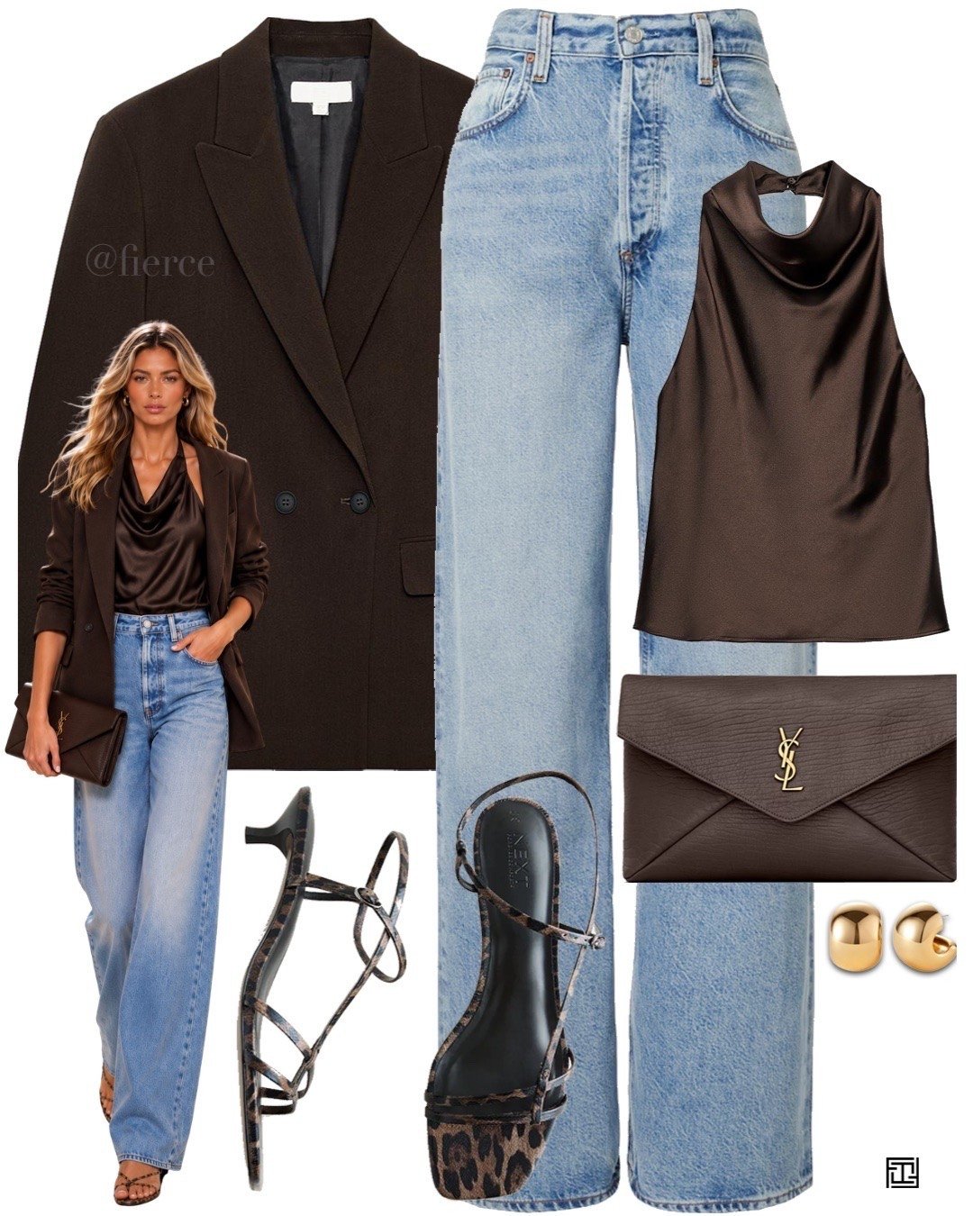 Chocolate brown blazer satin halter top animal print sandals YSL envelope clutch bag

#LTKuk #LTKautumn #LTKeurope