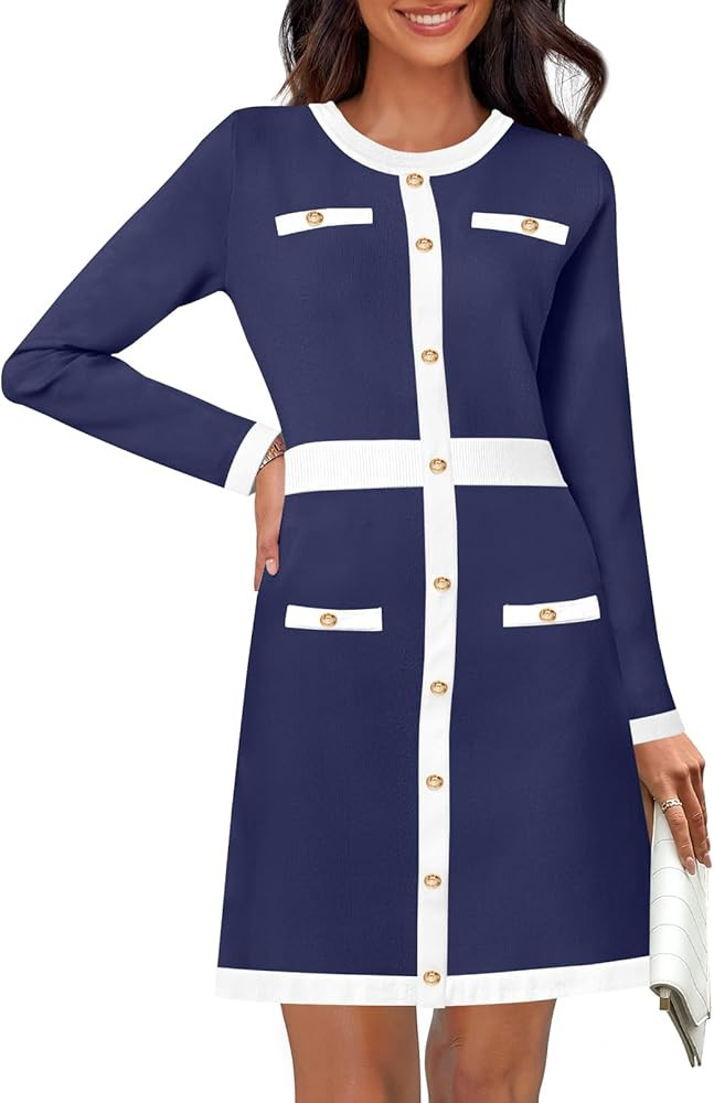 MEROKEETY Women's Long Sleeve Bodycon Sweater Dress Crewneck Color Block Button Knit Formal Midi ... | Amazon (US)