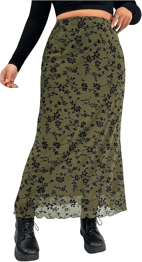 SHENHE Women's Plus Size Floral Mesh Maxi Skirts Elastic High Waist Fishtail Long Skirts | Amazon (US)