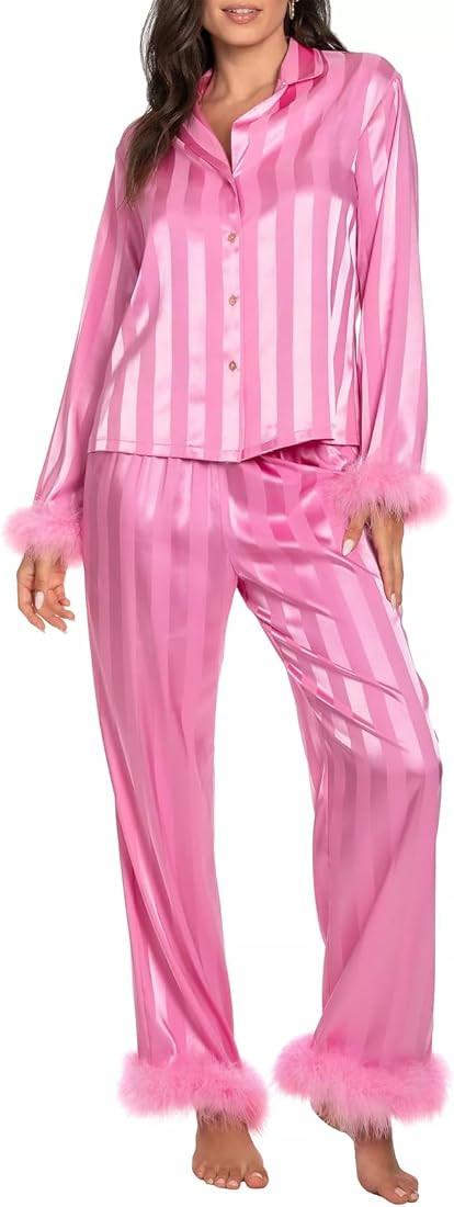 Women Valentine's day Feather Pajamas Silk Satin Lounge Sets Long Sleeve Button Down Shirts and P... | Amazon (US)