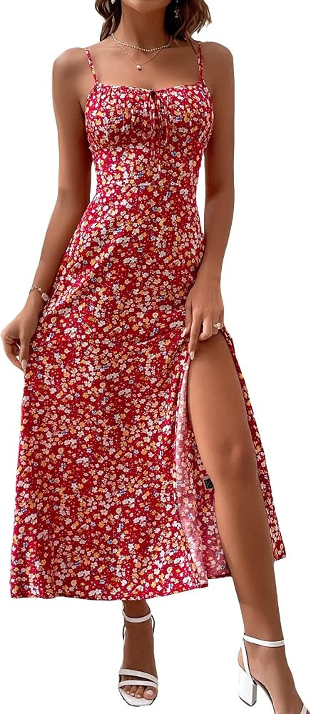 Floerns Women's Summer Split Thigh Spaghetti Strap Cami Midi Floral Dress | Amazon (US)