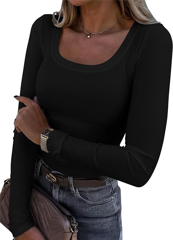 Roselux Womens Long Sleeve Scoop Neck Ribbed Knit Fitted Casual Tops Tee Slim Basic Shirts | Amazon (US)