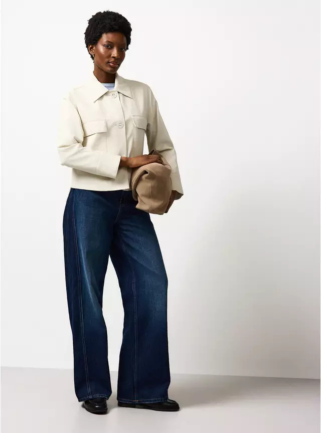 Stone PU Leather Bomber Style Collared Jacket M | Tu Clothing