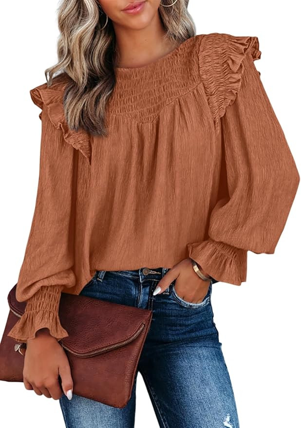 Dokotoo Casual Womens Tops Bubble Long Sleeve Crewneck Smocked Ruffle Shirts Blouses | Amazon (US)