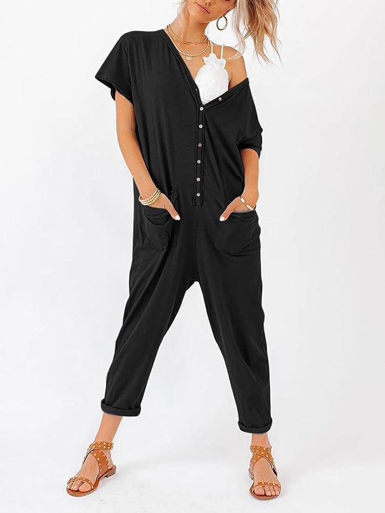 Amazon.com: Aoysky Oversize Women's One Piece Button Up Jumpsuit Casual Loose Short Sleeve V Neck On | Amazon (US)